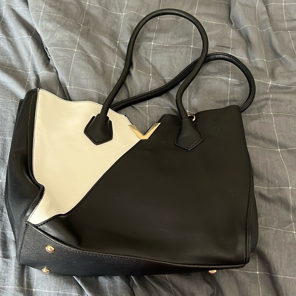 Black White Colorblock Tote Bag Gold V Accent Faux Leather Purse